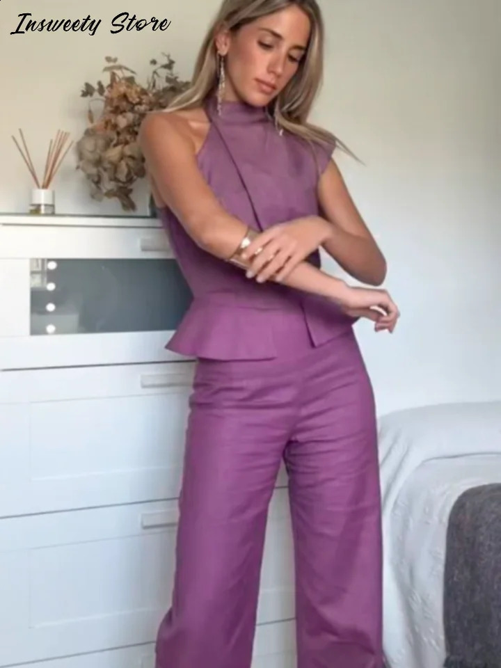 Fashion Halter Jumpsuits Womens Solid Slim Sleeveless Pleated Straight Jumpsuit 2025 Spring Summer Elegant Female Outwear 250519