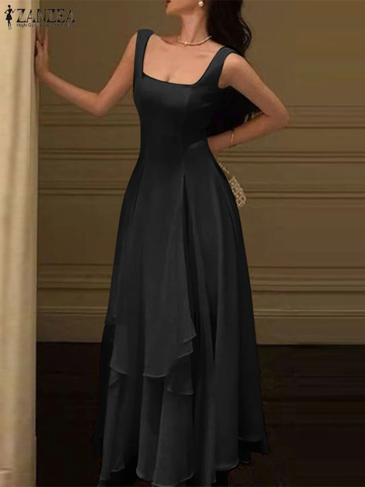 ZANZEA Women Elegant Party Dress Summer Sleeveless Square Collar Sexy Ruffled Maxi Sundress Casual Solid Long Vestidos Robe 250520