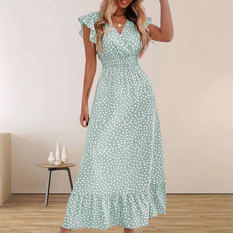 Sexy Vestidos De Noche Beach Dress Floral Dress Bodycon Dresses for Women Womens 2025 Spring/summer Fashion V-neck Long Dress High Waist Short Sleeve 