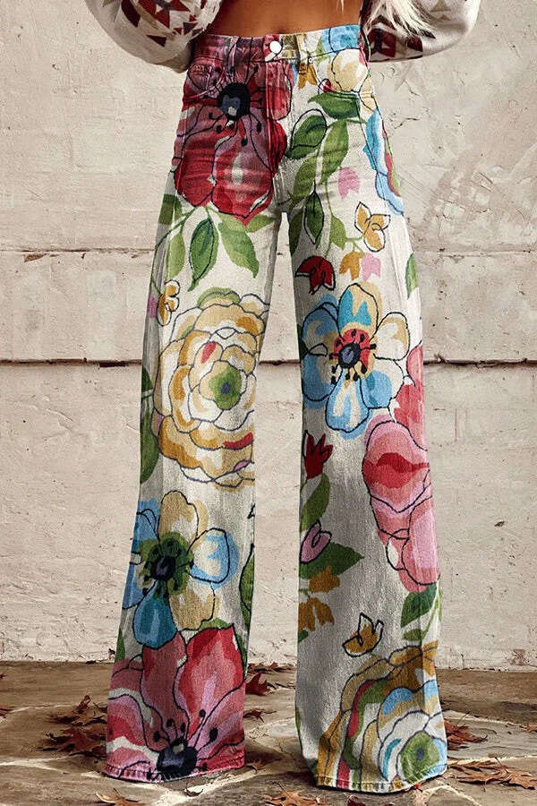 Women's High-Waisted Wide-Leg Printed Stretch Jeans - Casual Fashion with Flare