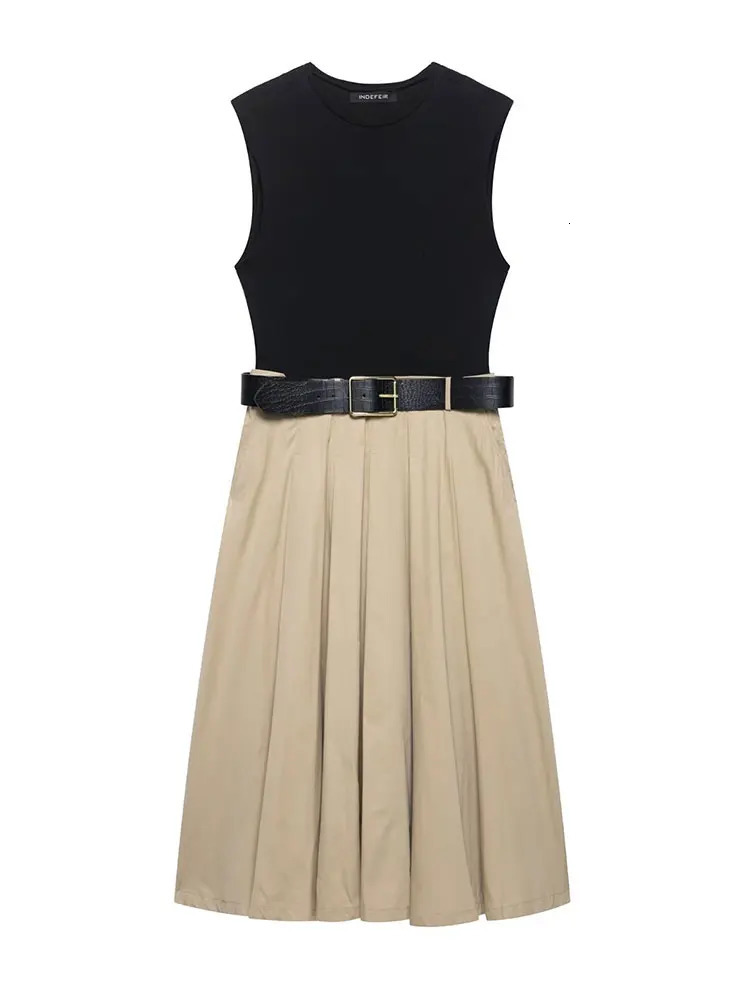 TRAFZA Fashion Patchwork Dresses For Women Summer Casual Sleeveless Midi Dress With Belt Woman Elegant Party Evening 250520
