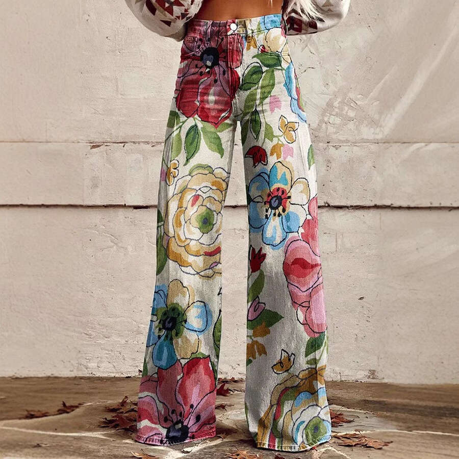 Women's High-Waisted Wide-Leg Printed Stretch Jeans - Casual Fashion with Flare