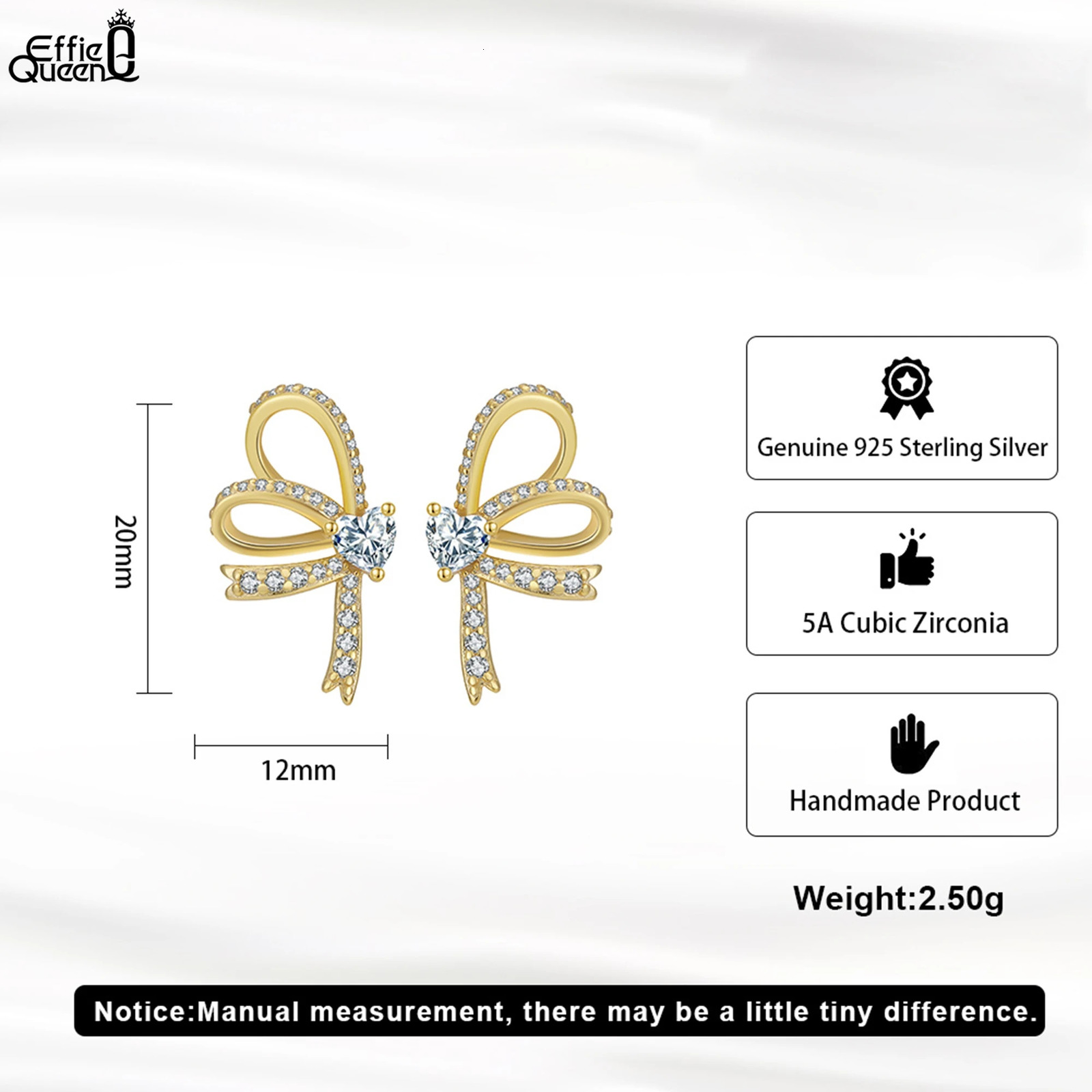 Effie Queen 925 Sterling Silver White Heart Zirconia Stud Earrings Bow Ear Accessory Romantic Gift for Her Wearing SE407 250517
