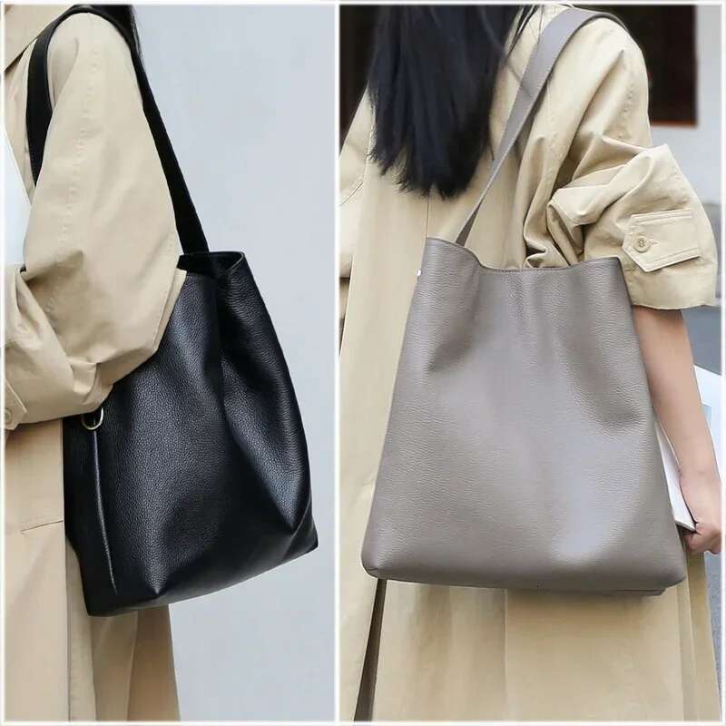 Genuine Leather Women Shoulder Soft Cowhide Female Tote Commuting Versatile Large Capacity Bucket Bag