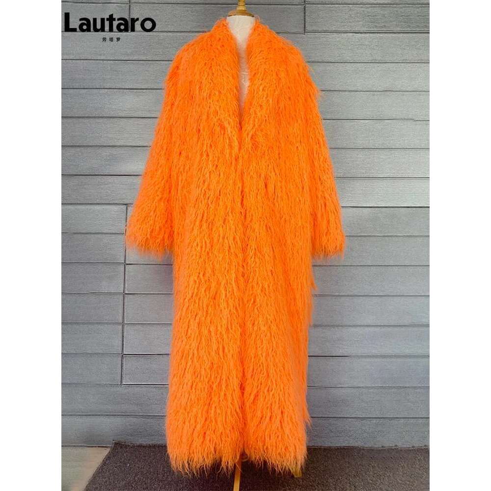 Lautaro Winter Long Shaggy Hairy Thick Warm Soft Orange Black White Faux Fur Coat Women Designer Clothes Streetwear 2022