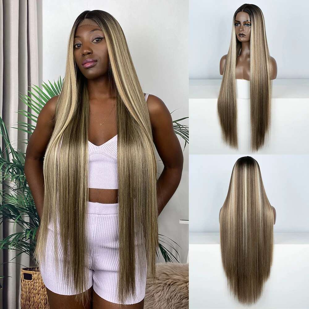Front Wigs Highlight Brwon Blonde Black For Women Long Straight Lace WIg 38Inch Synthetic Heat Resistant Wig