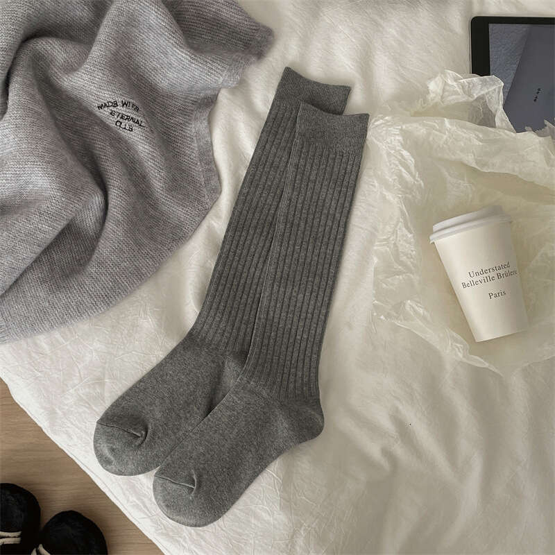 New Solid Color Double Needle Minimalist Pile From Dongdaemun, South Korea, Ins Calf White Socks For Women To Look Slim, Korean Style B5