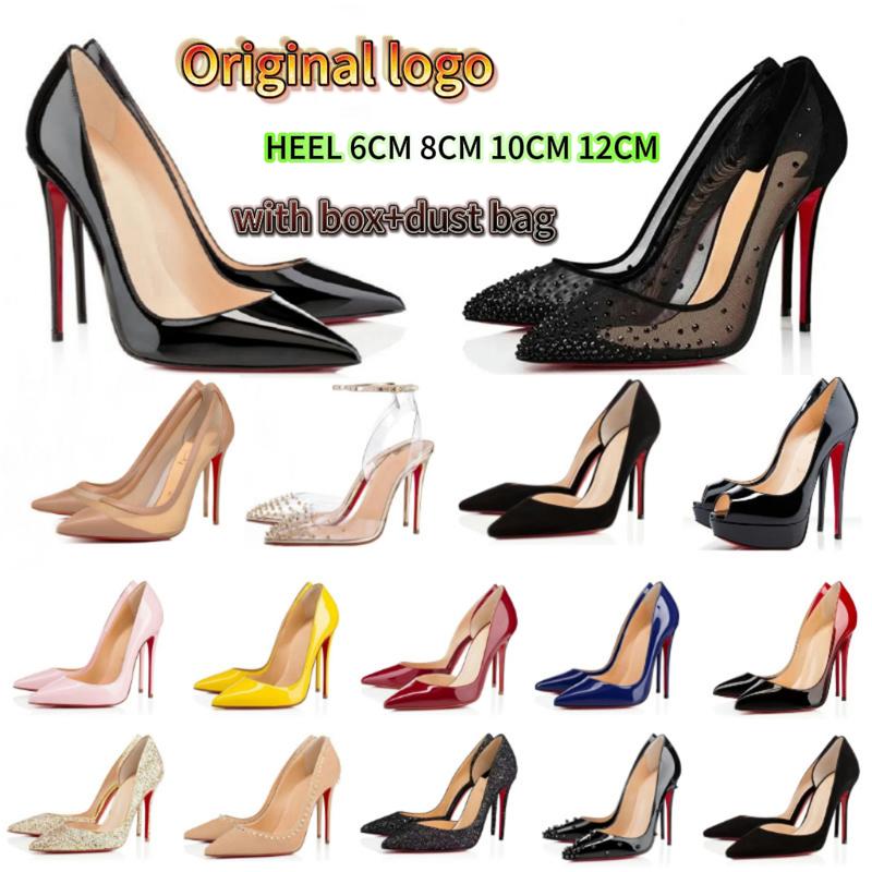 Designer High Heel Women Shoes Red Shiny Rivet decoration 6cm 8cm 10cm 12cm Thin Heels Black Nude Patent Leather Woman Pumps Size 35-43