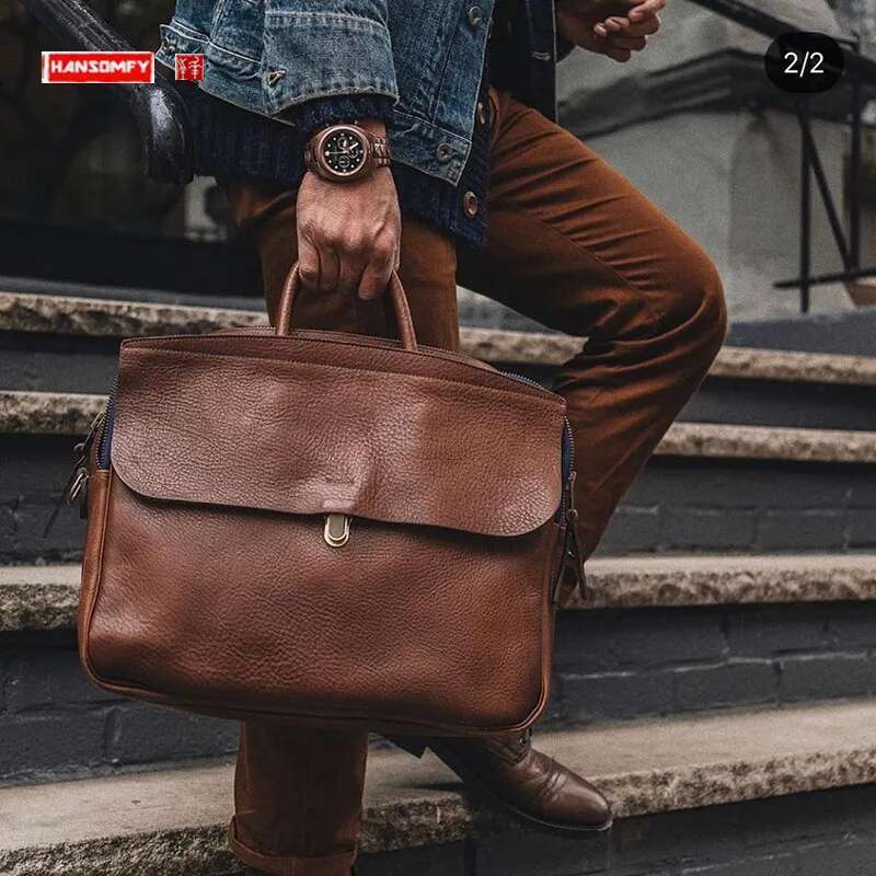 Full Leather Handbags Business Briefcase Skeleton-Skin Thick Cowhide Vintage Crossbody Messenger Men's Laptop Bag