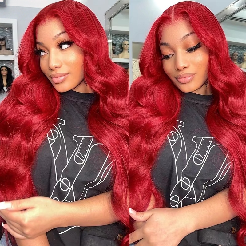 Red Colored Lace Front Wig Simulation Human Hair 250 Density 32 Inch Wigs Brazilian Hair Pre Plucked 13x4 HD Body Wave Synthetic Wig Glueless For Blac