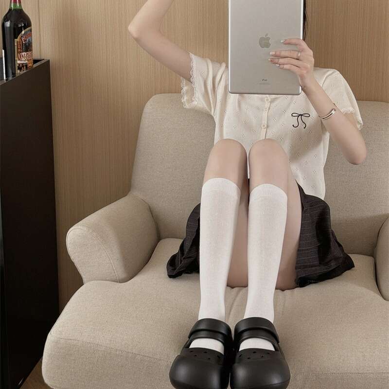 Summer Thin Children's Knee High Calf Socks, Solid Color Sweat Absorbing White JK Lolita Long Tube Slimming Boneless Socks B5