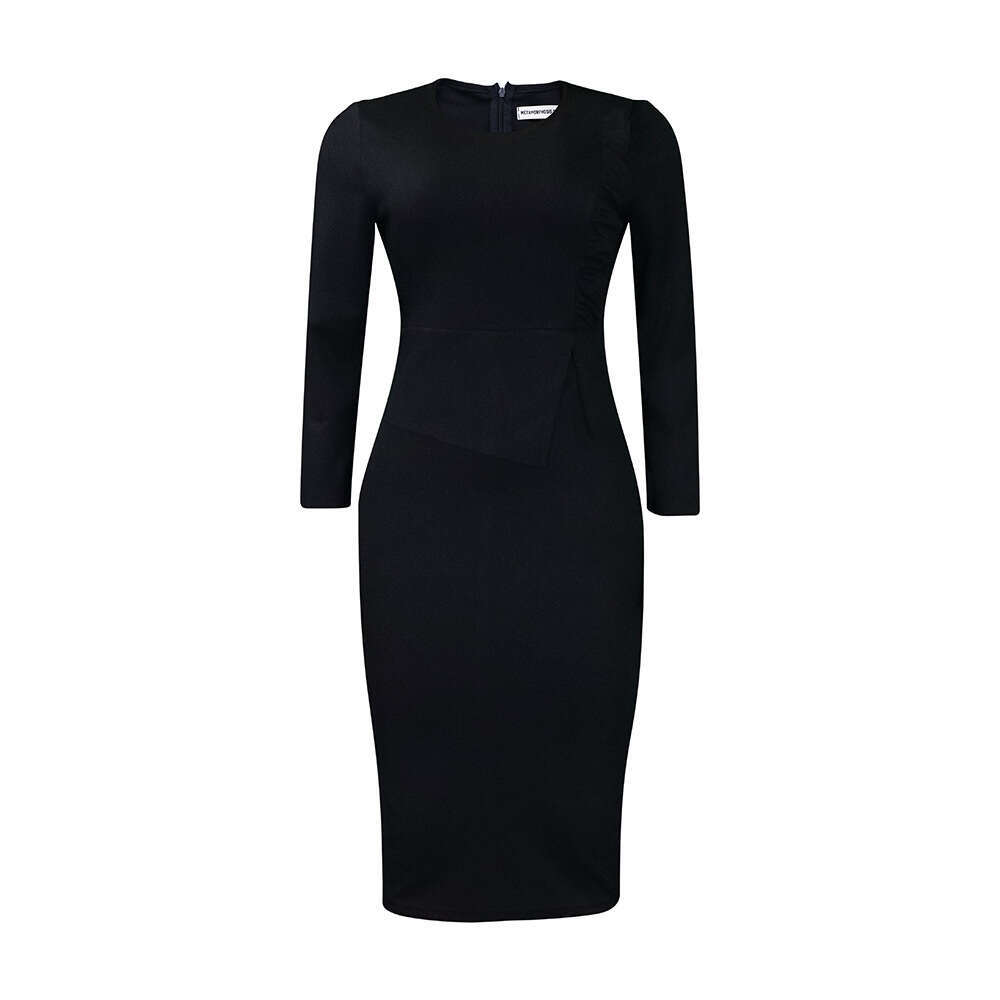 Women's Wear Large Women's Wear Spring Wood Ear Solid Round Neck Wrap Hip Office OL Commuter Dress