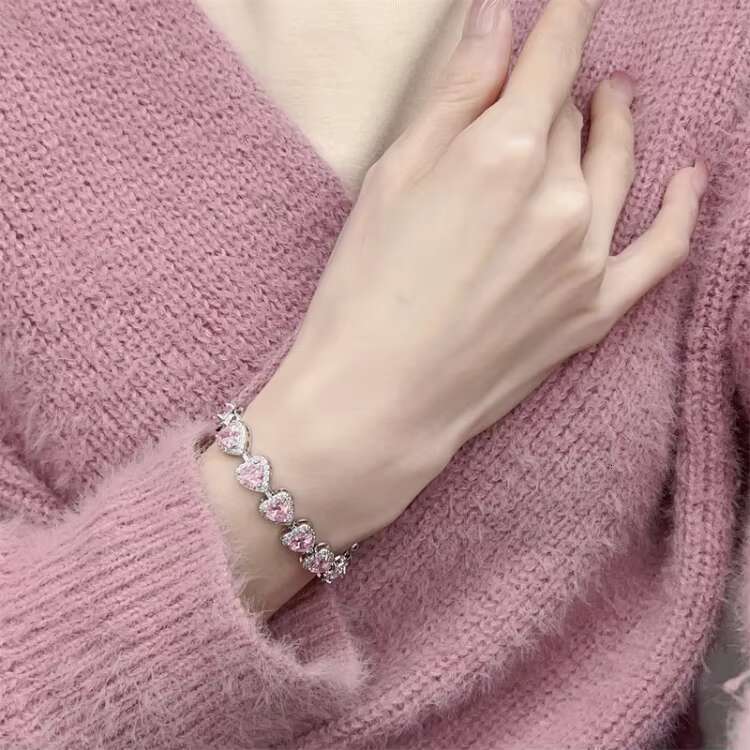 MC340 Sweet Style Shining Pink Zircon Heart Charm Adjustable Chain Bracelet Fashion Women's Accessories