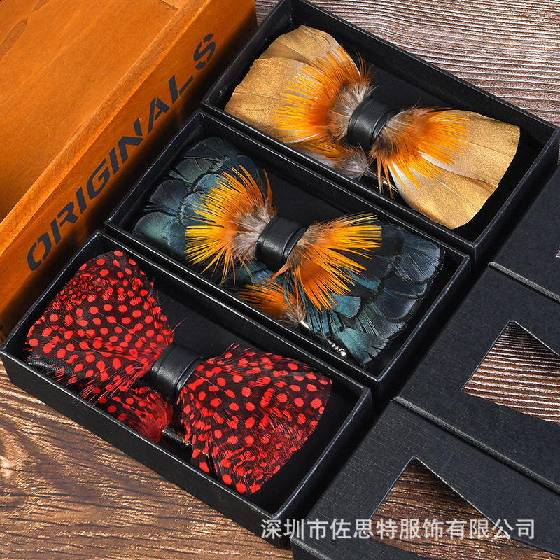 Black blue solid feather bow tie handmade mens bow tie brooch Wooden box sets wedding party gift JEMYGINS 241205