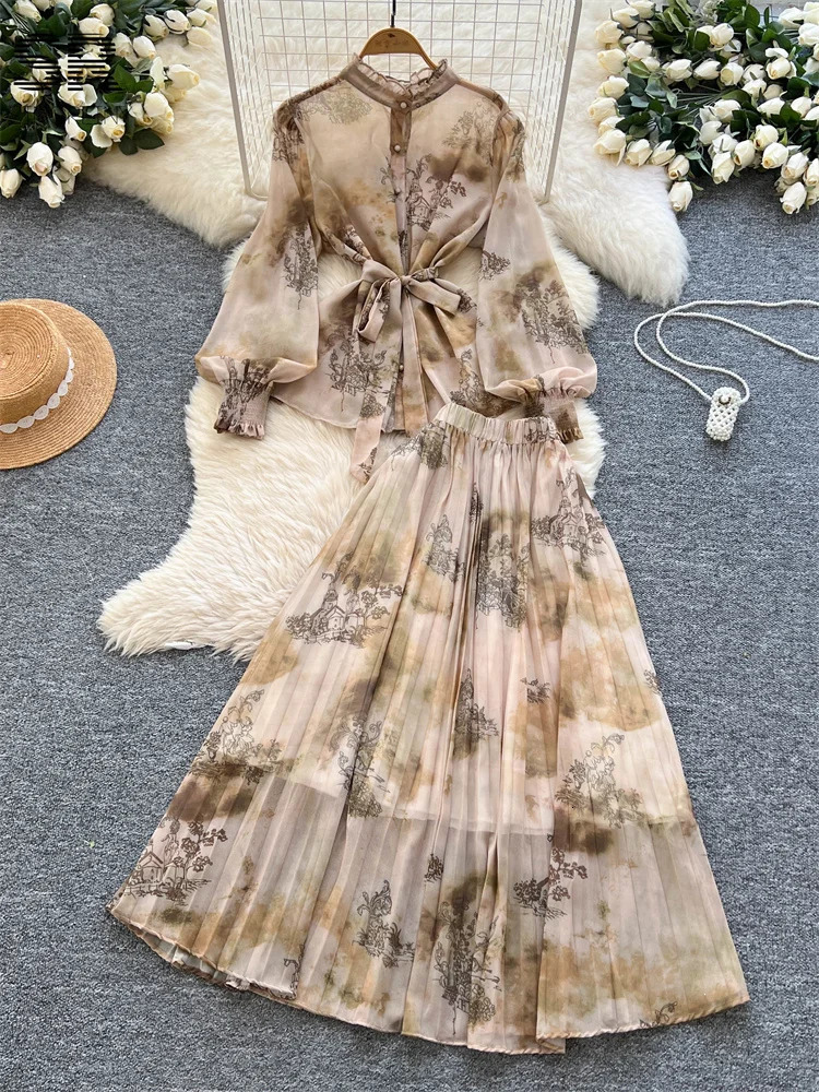 SINGREINY Senior Print Vacation 2pcs Suit Lantern Sleeves Lace Up Loose TopsPleated Skirt Temperament Beach Floral Chiffon Sets 250520