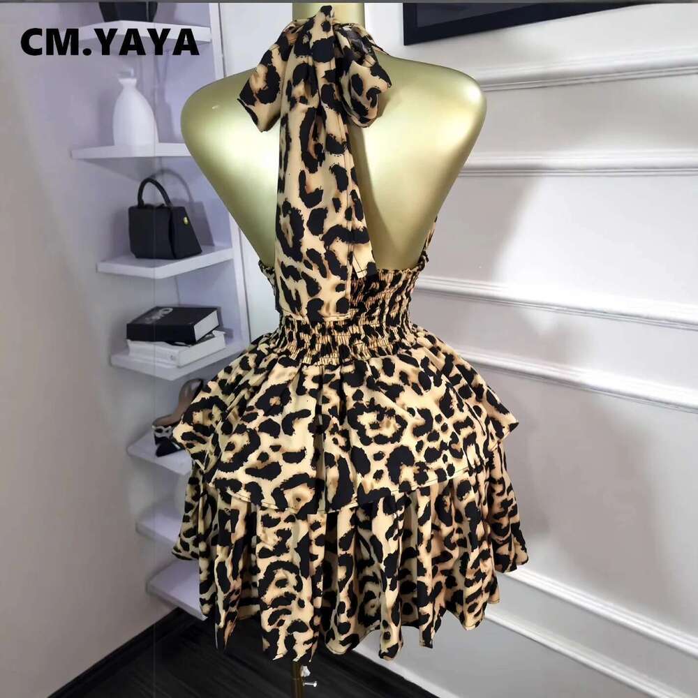 Women Leopard Print Halter Neck Backless Cascading Ruffles Big Swing Ball Gown Mini Dress Sexy Club Party Dresses