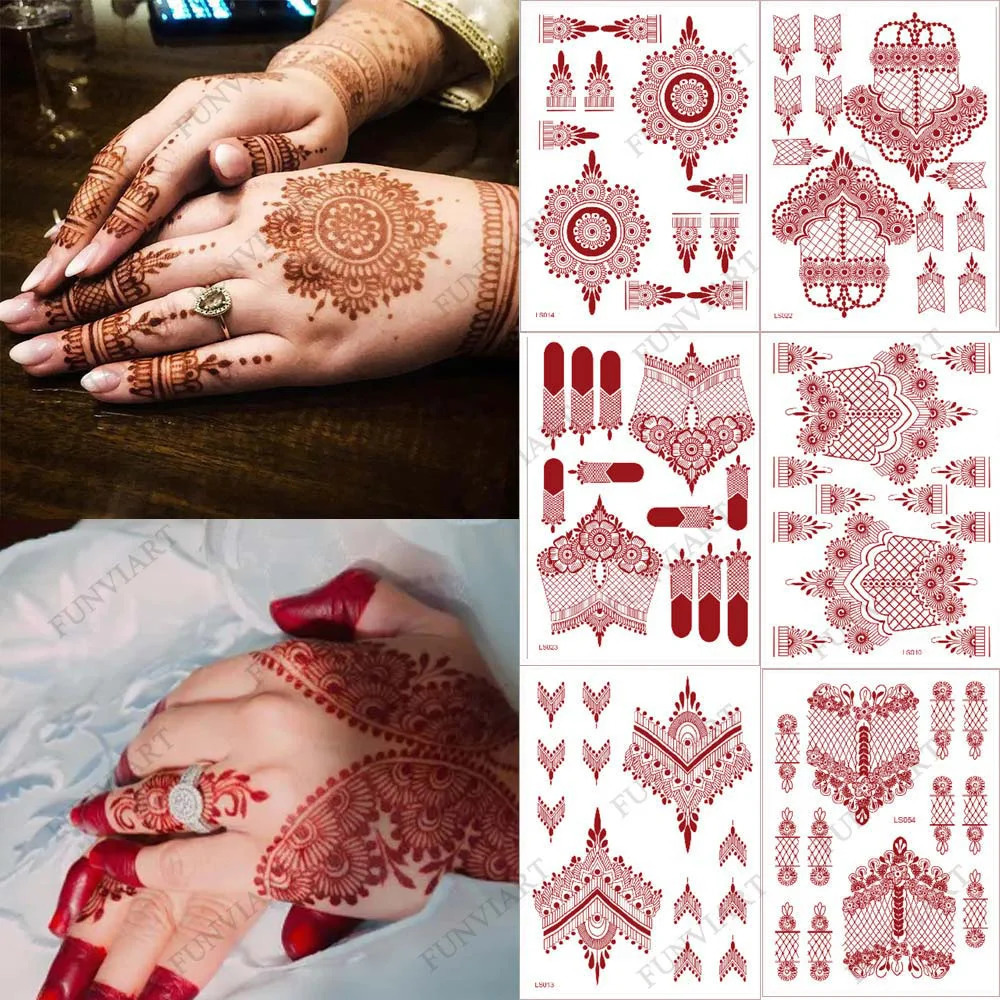 10 Pcs/Set Maroon Color Henna Tattoo Stickers for Hand Brown Red Henna Tattoos for Women Waterproof Temporary Mehndi Tattoo Fake 250515