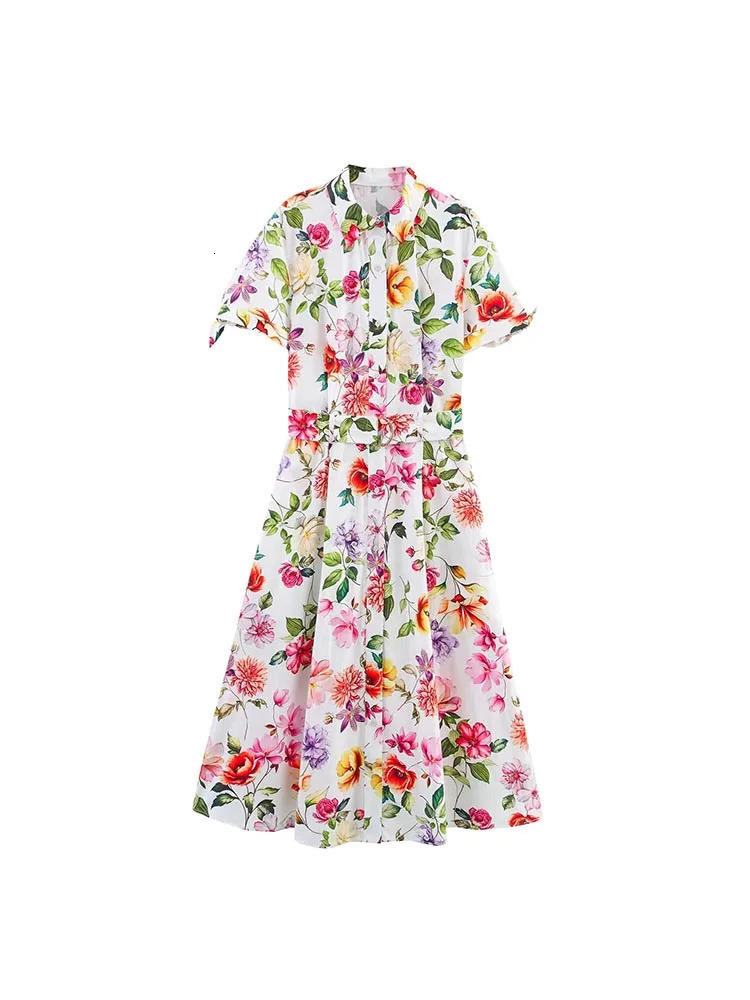 Women Summer Shirts Dress Vintage Print Floral Short Sleeve Poplin Female Elegant Street Dresses Clothing 250520