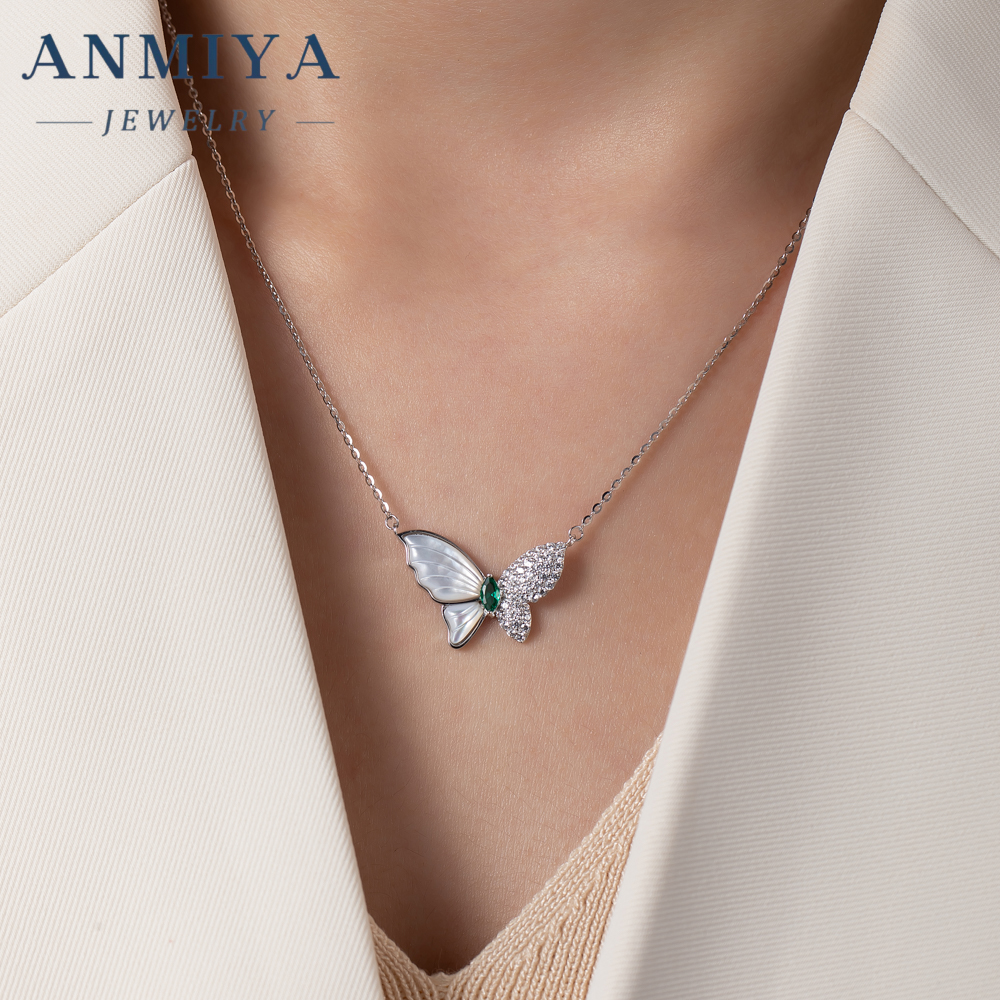 Butterfly Chain Crafted 925 Sterling Silver Necklace Fashion Green Zircon Jewelry Necklaces for Women