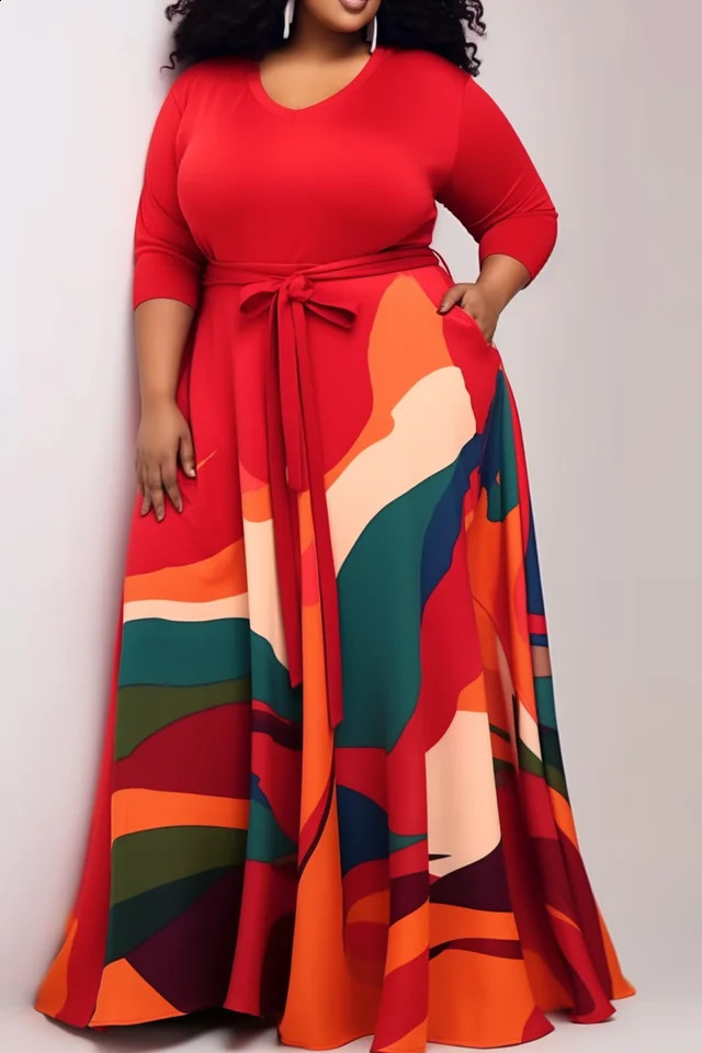 Plus Size Casual Dress Red All Over Print Round-Neck Knitted Maxi Dress With Pocket 250519