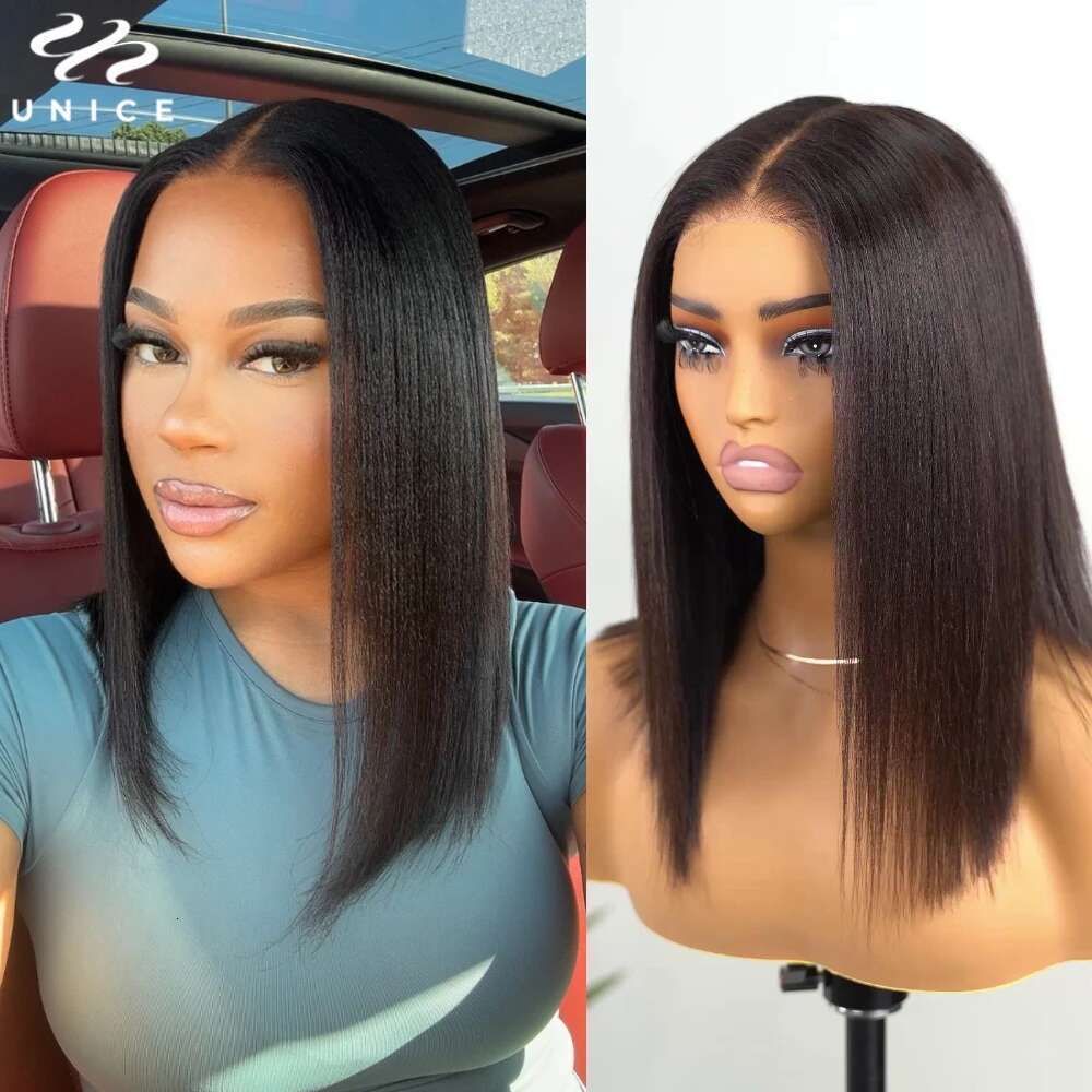 UNice Yaki Straight Bob 7x5/13x4 Cut Bleached Pre Plucked Human Hair Lace Front Wig 150% Density