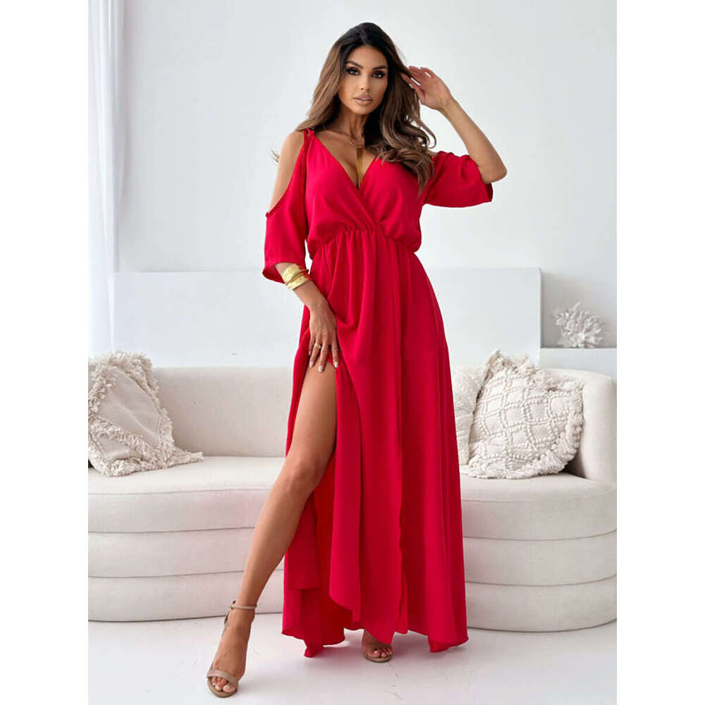 Halter Dress V Neck Skirt Slit With Off Shoulder Sleeves And Sexy Suspender Dress Maxi Dress