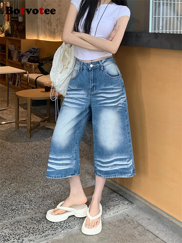 Botvotee Scratched Washed Calf Length Jean High Waisted Baggy Denim Pants Summer Y2k Fashion Causal Loose Oversized Jeans 250513