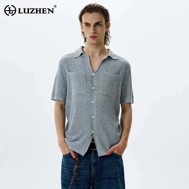 LUZHEN Summer Trendy Elegant Solid Color Knitted Short Sleeve Shirts Mens High Quality Fashion Temperament Tops JY1802 250520