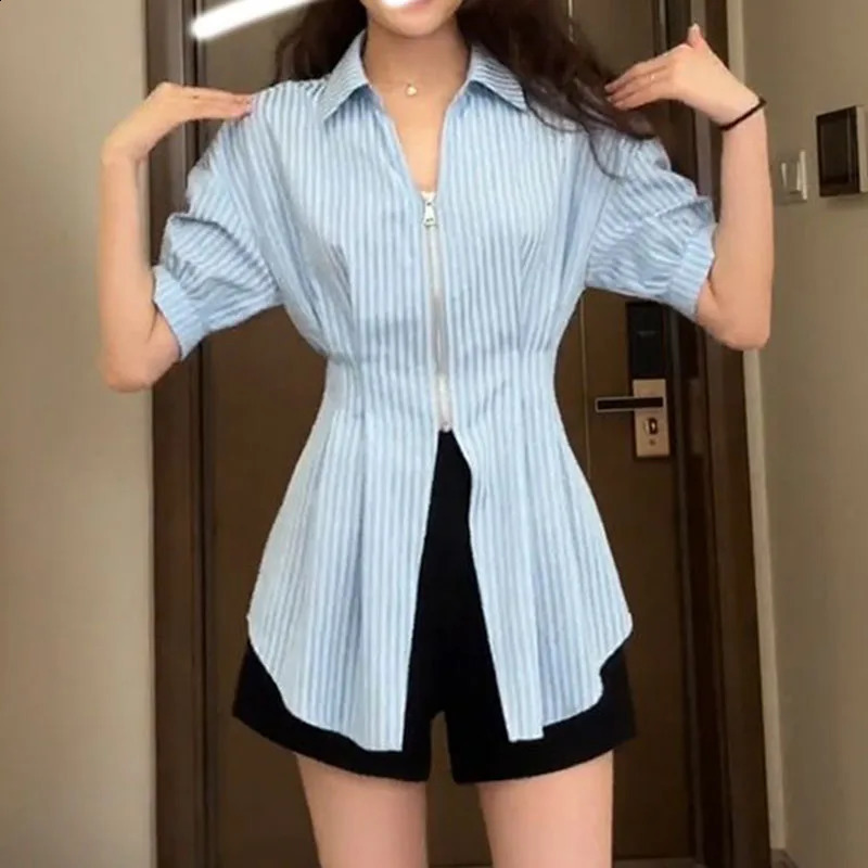 2025 Summer Short Sleeve Shirt Korean Fashion Slim Fit Zipper Blouse Woman Simple AllMatch n Turndown Collar 250516Z