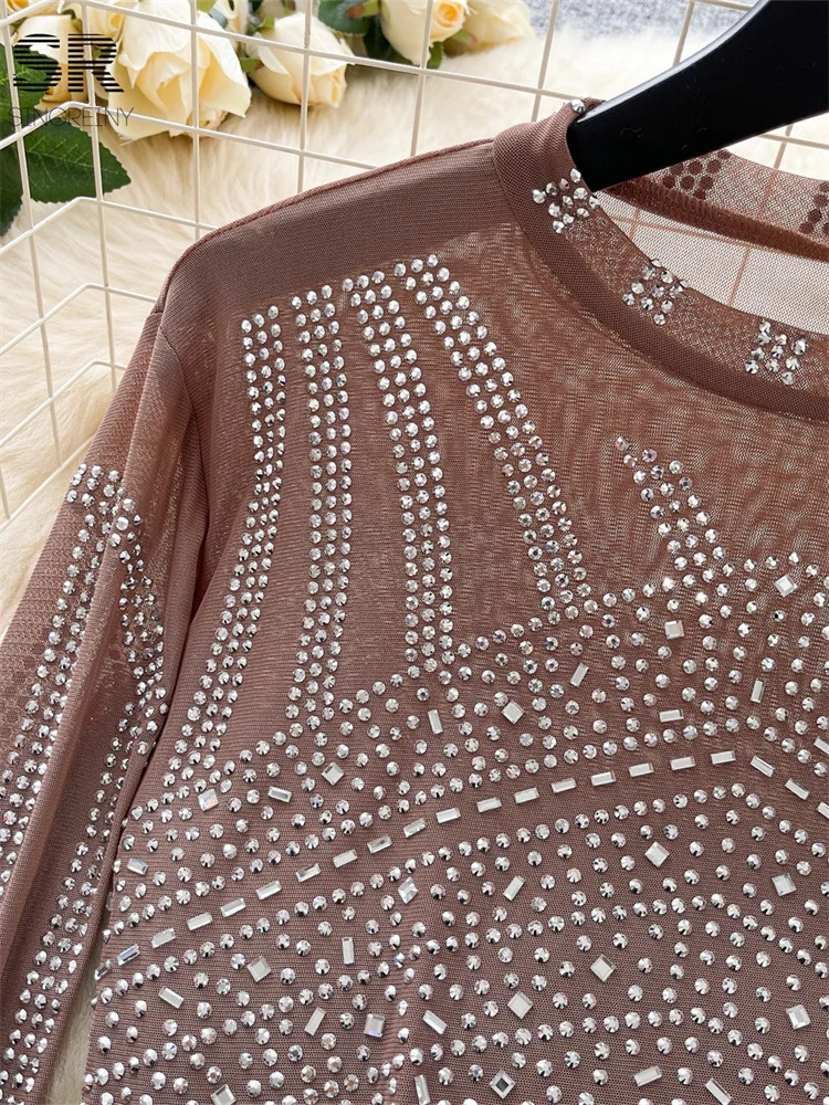 SINGREINY Senior Beading Sexy Blouse Women Long Sleeves O Neck Short T Shirt Girl Fashion Streetwear Shiny Crop Tops 250520