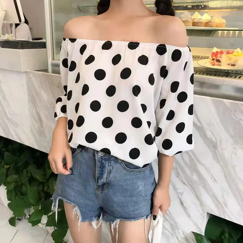 Red Polka Dot Print Chiffon Slash Neck Short Sleeve Loose Womens Blouse Shirt Korean Fashion Female Clothing Tops Summer 250520