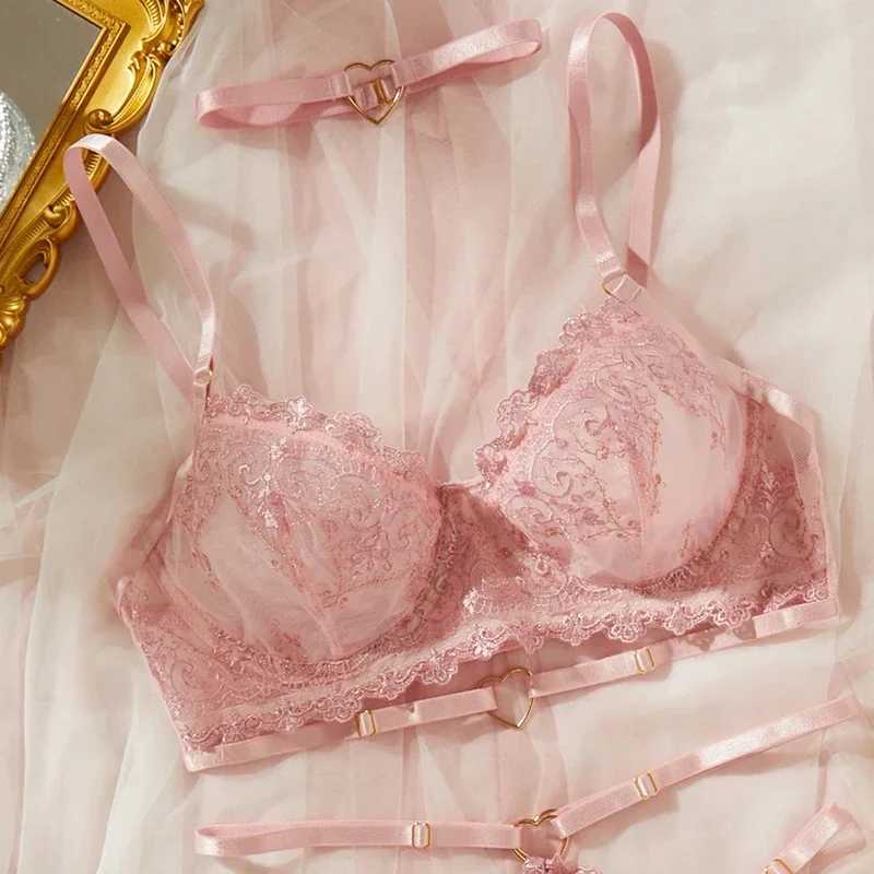 Sexy Lingerie Comfortable Ultra-Thin Sexy Lace Patchwork Mesh Semi-Transparent Push-Up Pink Underwear Set New R250520