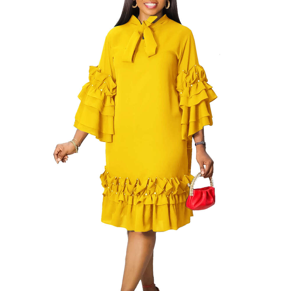 Women's Wear D3268 Women's New Fashionable And Elegant Tied Multi Layered Ruffle Edge Flare Sleeves Loose Fitting Dress