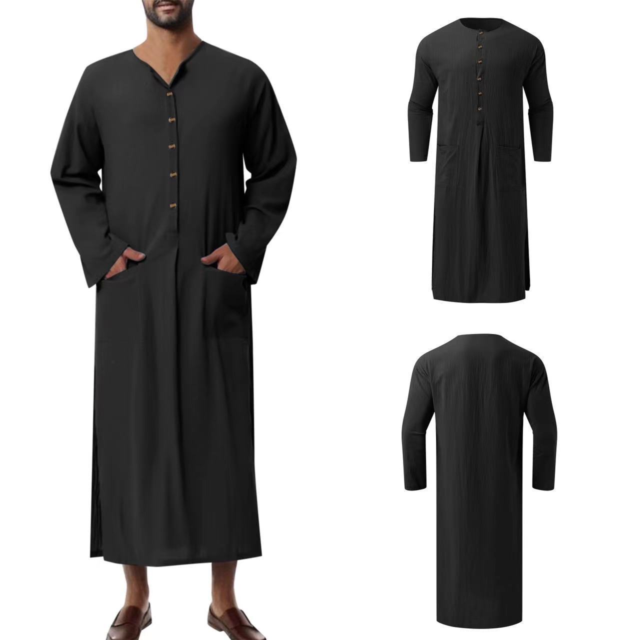 Male 2025 New Designer Clothing Muslim Arab Malaysian Casual Button Solid Color Long Sleeved Pocket Loose Robe