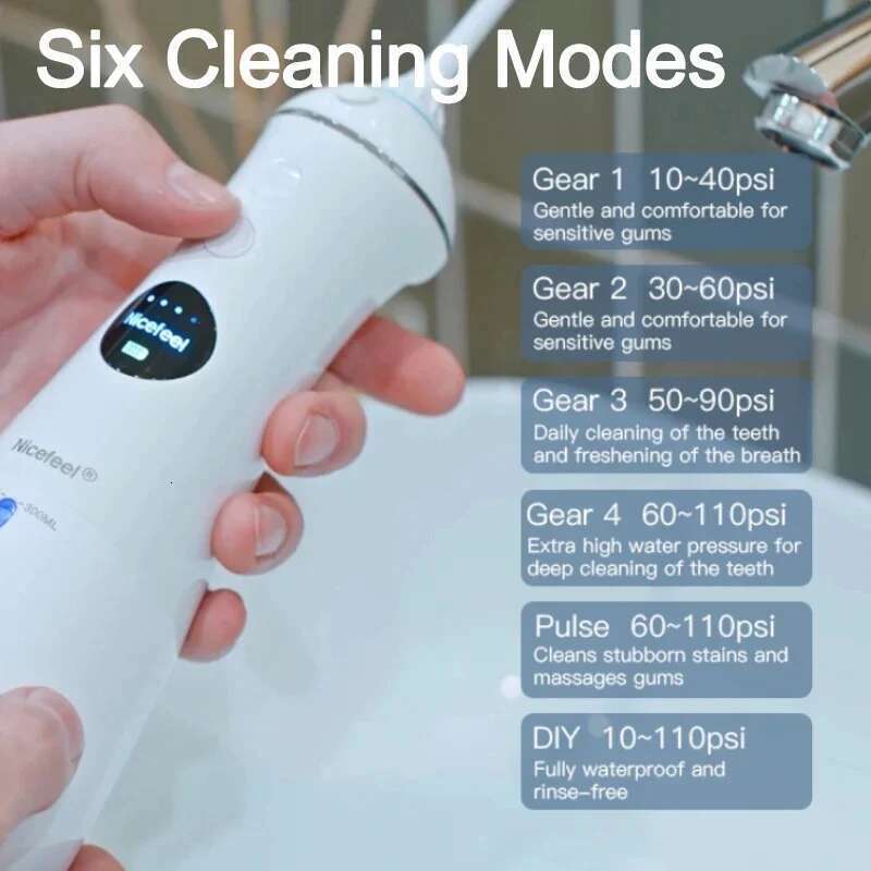 Oral Irrigator Flosser LED Display Screen Waterproof Dental Jet Floss 300ML Water Tank 6 Modes 5 Nozzles