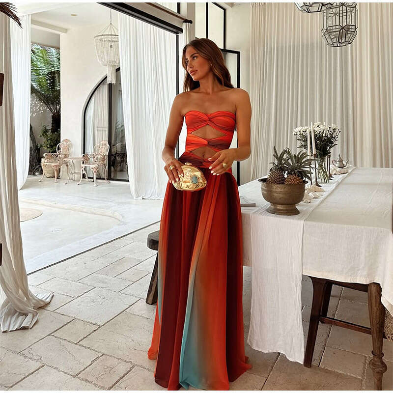 Design sense, vacation cross sleeveless strapless hollow out dress, women's European and American 2025 spring/summer new style, casual fashion tr