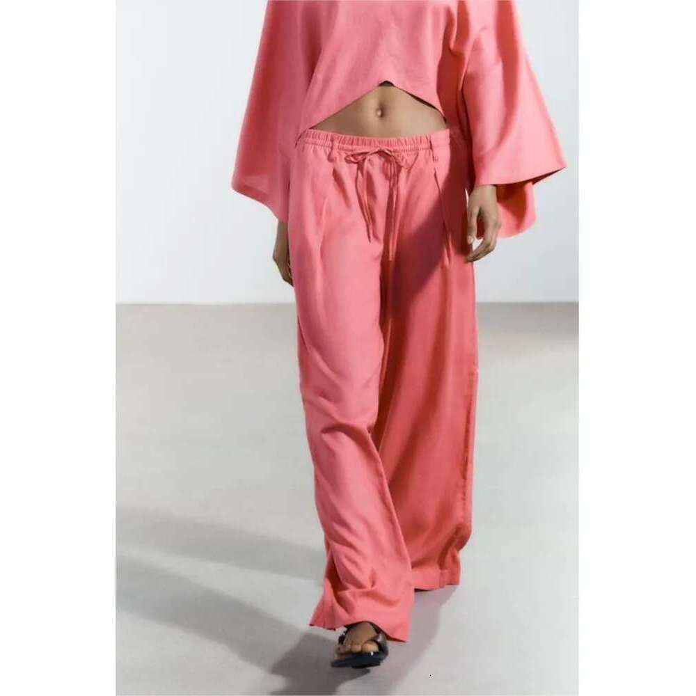 TRAF Wide Leg Pants For 2 Causal Loose Sleeve V Neck Shirt Drawstring Trousers Two Piece Set Women Outfit