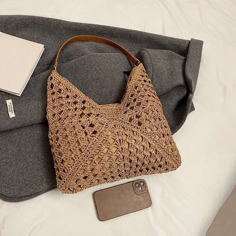 Summer Straw Knitting Hollow Out Tote Solid Beach Bag Holiday Travel Handbag Boho Shoulder Purse For Women
