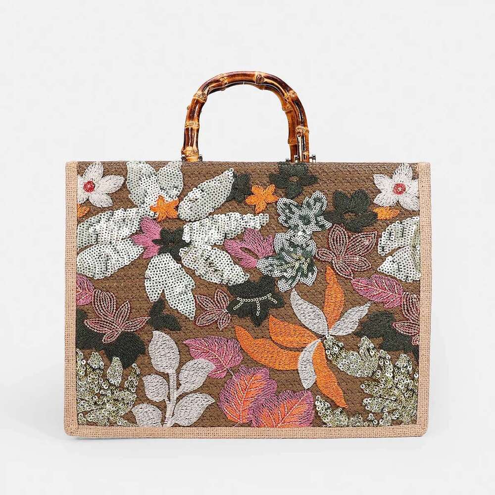 High Quality Designer Bags Vintage Bamboo Handle Women Handbags Sequins Embroidery Tote Bags Casual Linen Large Capacity Beach Bag Big Female Purse Lu