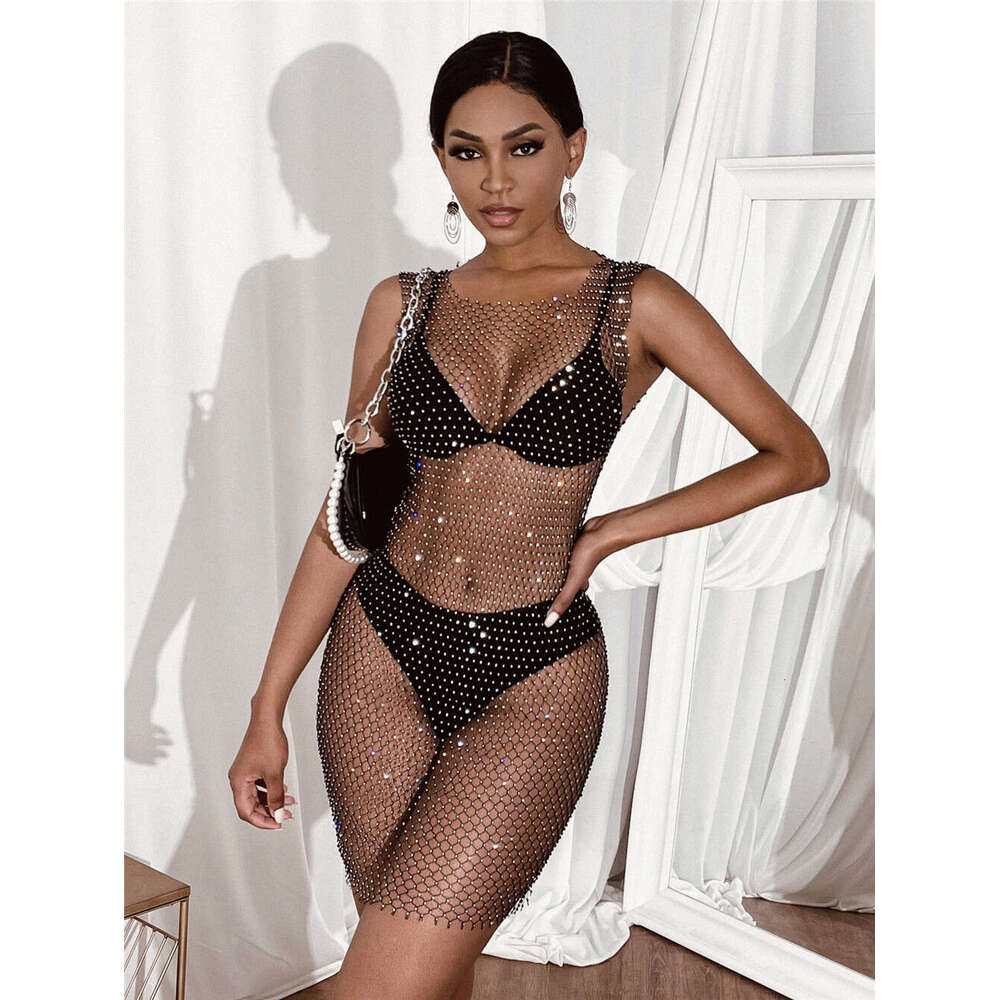 Dia fishing net top in 2025 European and American summer hot selling grid sparkling dia women's short sleeved dress new casual fashion trend clot