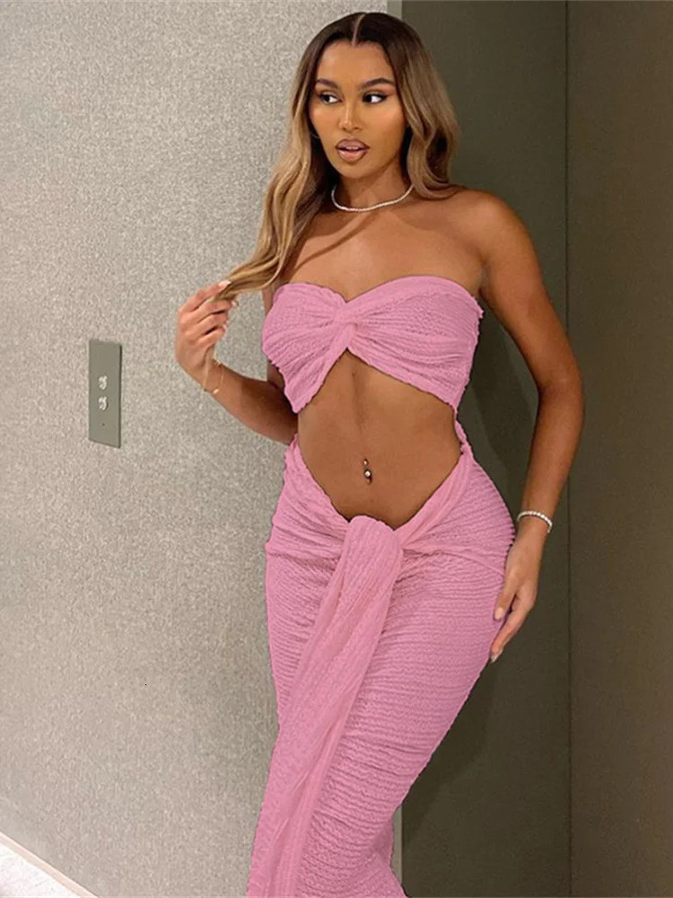 Weird Puss Thin Striped Knot Women 2 Piece Set Midnight Elegant Strapless TopsBandage Skirts Vacation Matching Clubwear 250520