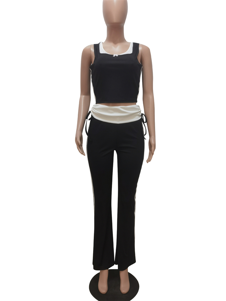 Online Wholesale Supplier Color Block Tank Top Bell Bottom Pants Two Piece Sets Clothes for Women