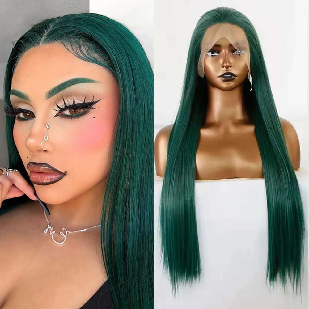 Dark Synthetic Long Straight Lace Front Silky Hair Glueless For Women Natural Hairline Green Wig Cosplay