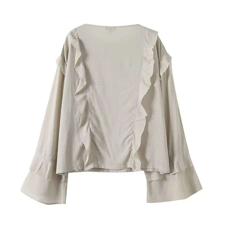 UNIZERA womens shirt fashionable and romantic ruffle Vneck long sleeved solid color temperament summer 250520