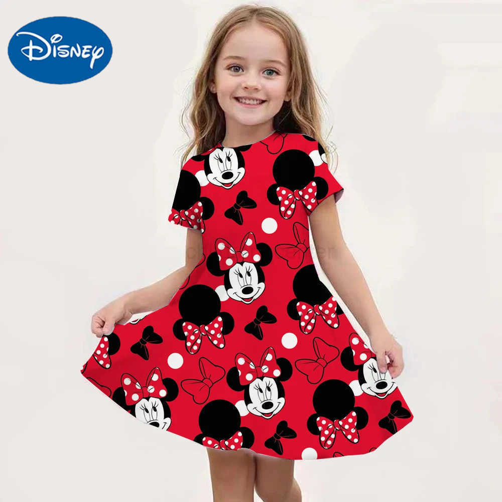 Disney Cartoon Minnie Mouse Printed Dress Girls Summer Fashion One-piece Dress Kids Daily Casual Short Sleeve Clothing Outfit W250520
