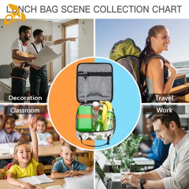Free shipping designer custom-made round beige, white and black semi-long lightweight portable hand-held insulated lunch bag for adults.