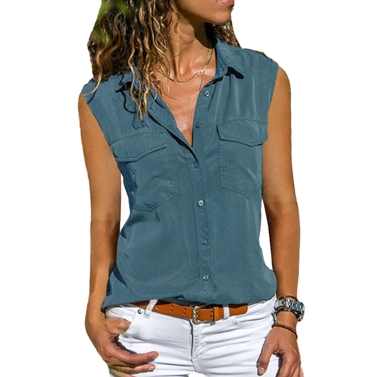 Women Casual Solid Sleeveless Blouse Turn Down Pockets Buttons Lapel Versatile TShirts Fashionable Street Outdoor Summer Top 250516Z