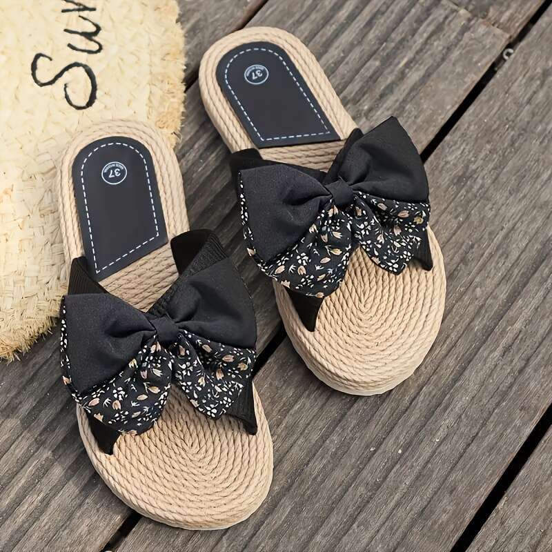 Breathable Linen Slides - Open-Toe Lightweight Comfort, Stylish Slip-On Shoes for & Relaxation, Vintage Round Toe Flat with Decorative Bow, Indoor Out