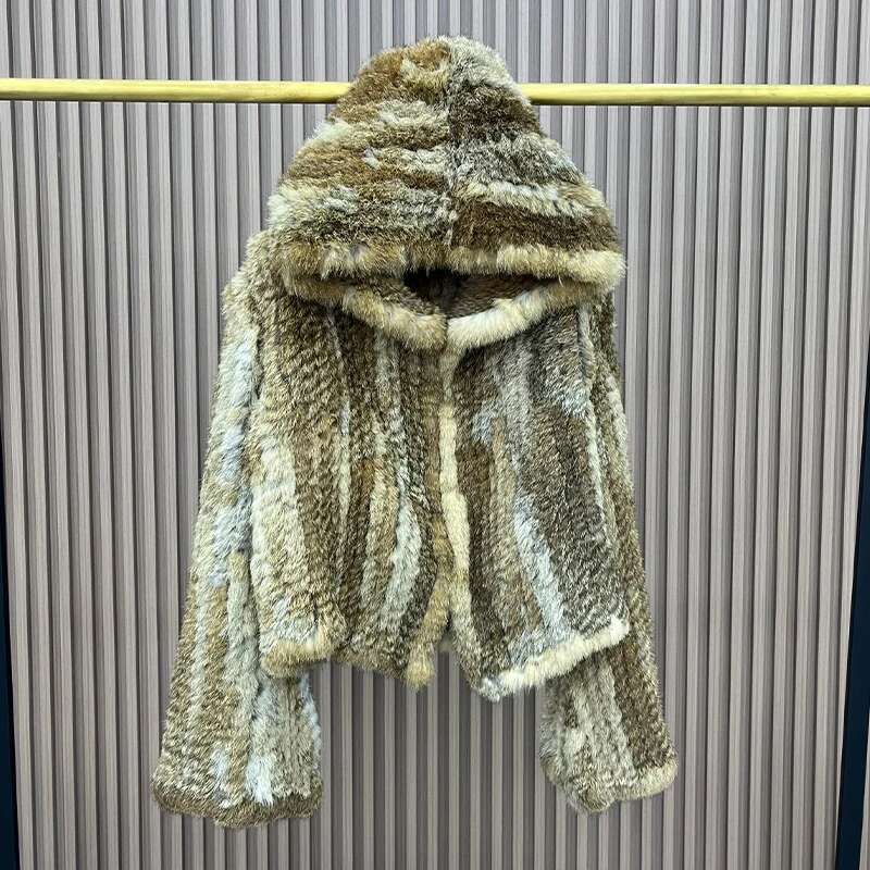 2023 Autumn Winter Women Real Natural Rabbit Thick Coat 100% Fur Warm Jacket Loose Knited Hooded Full Sleeves