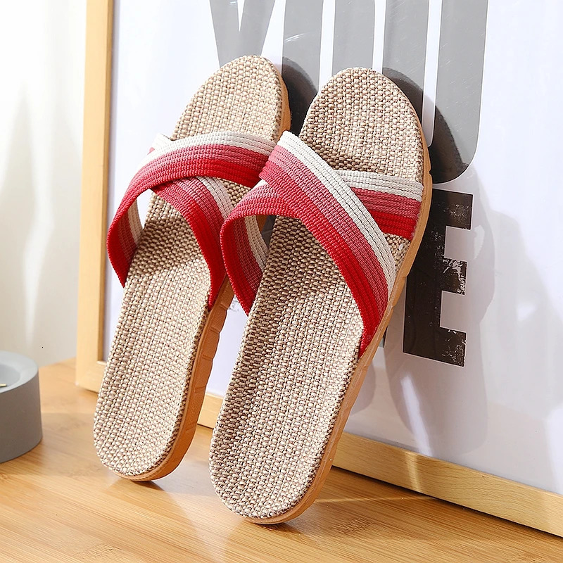 Spring and summer home couple sweat absorbing cross striped linen slippers for women non slip soft bottom indoor casual sandals 250519